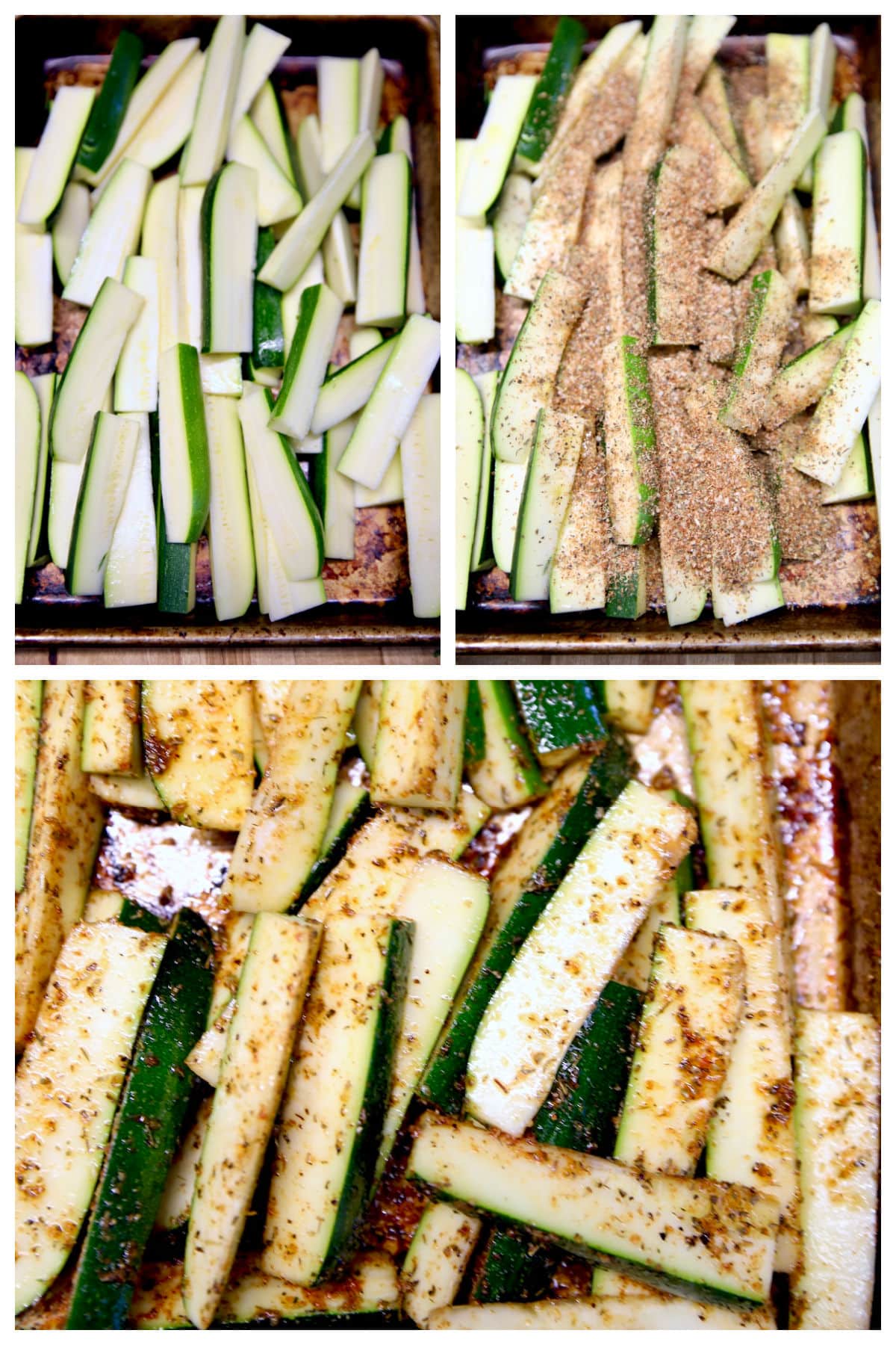 Collage: zucchini in wedges/ seasoned/Tossed with seasoning.