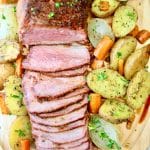 Grilled Roast Beef & Vegetables on a platter. Text overlay.