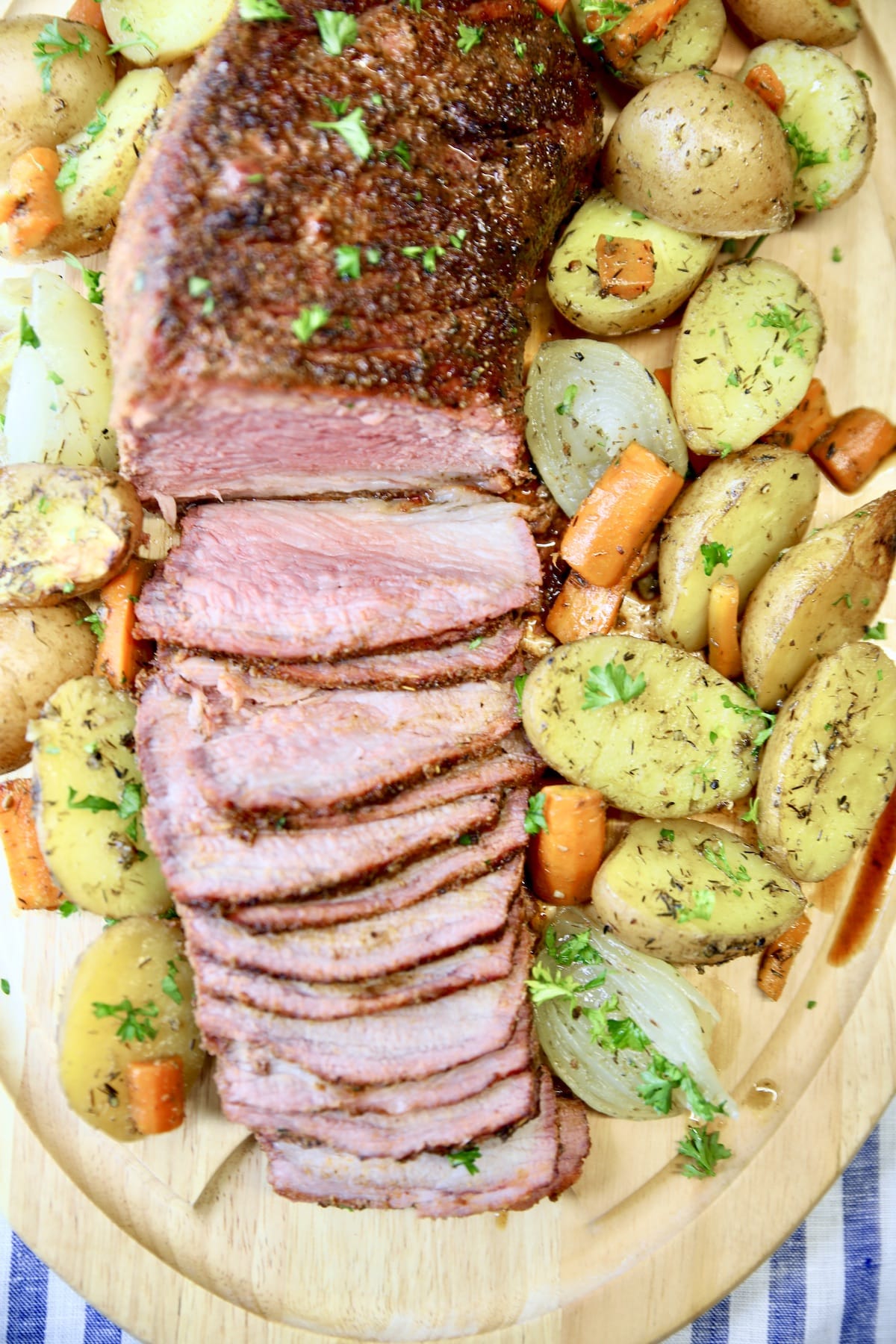Platter of Roast beef and vegetables.