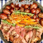 Grilled Roast Beef and Vegetables on a platter- text overlay.