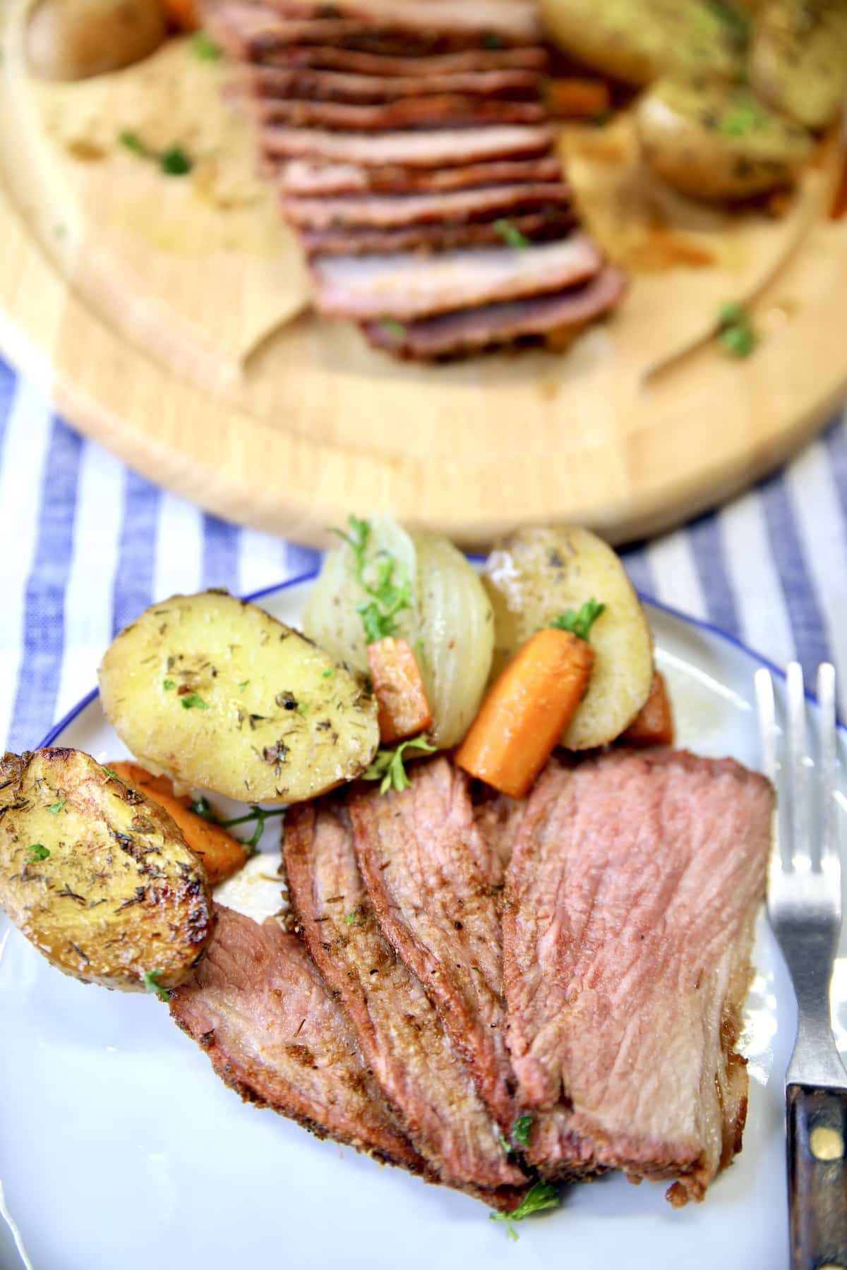 Plate of sliced roast beef and vegetables.