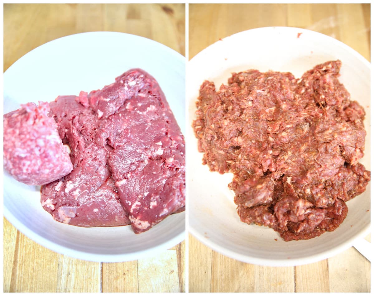 Collage: ground venison and ground chuck, mixed in a bowl.