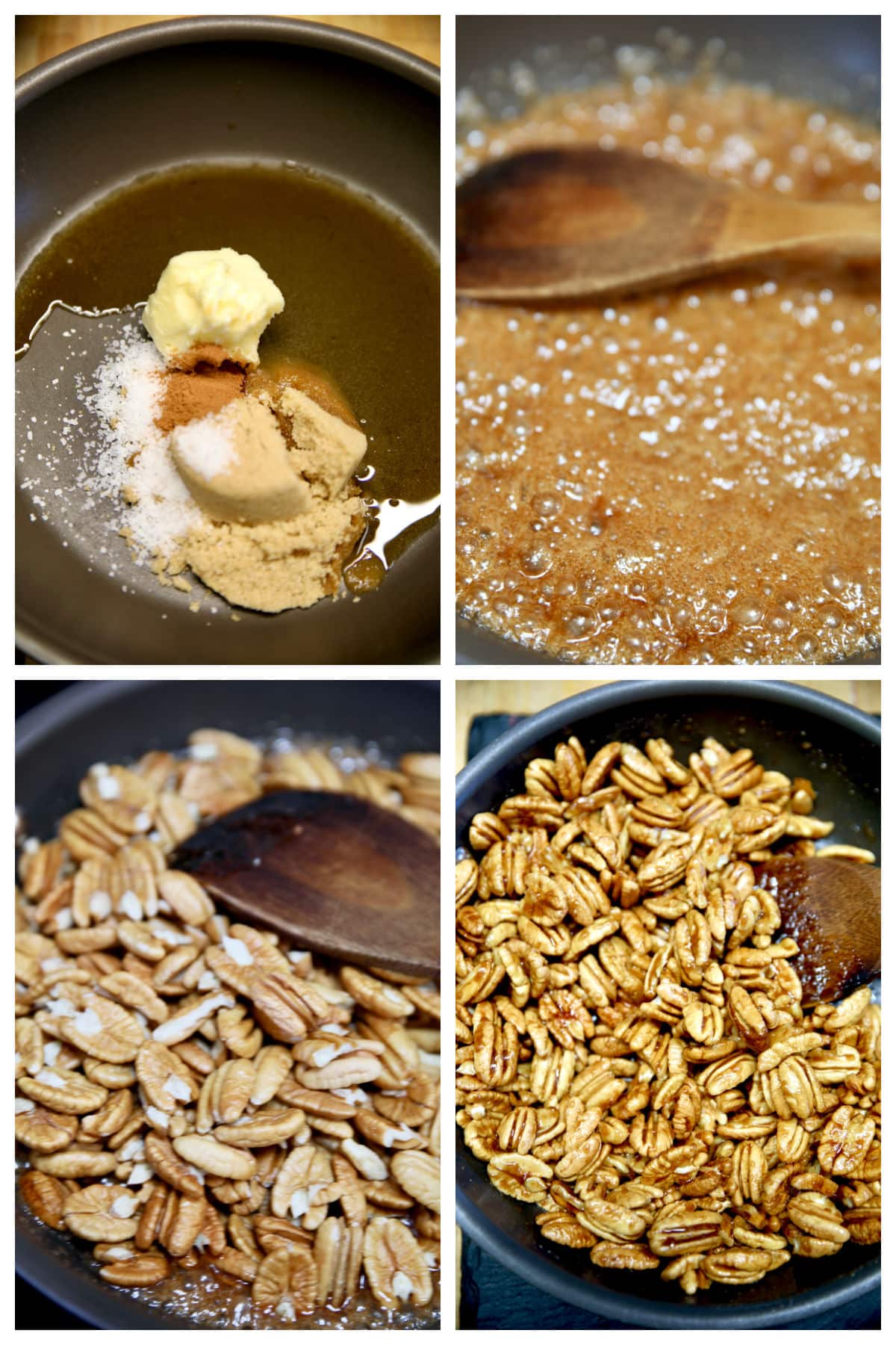 Collage: brown sugar, butter in a pan, making syrup, adding pecans.