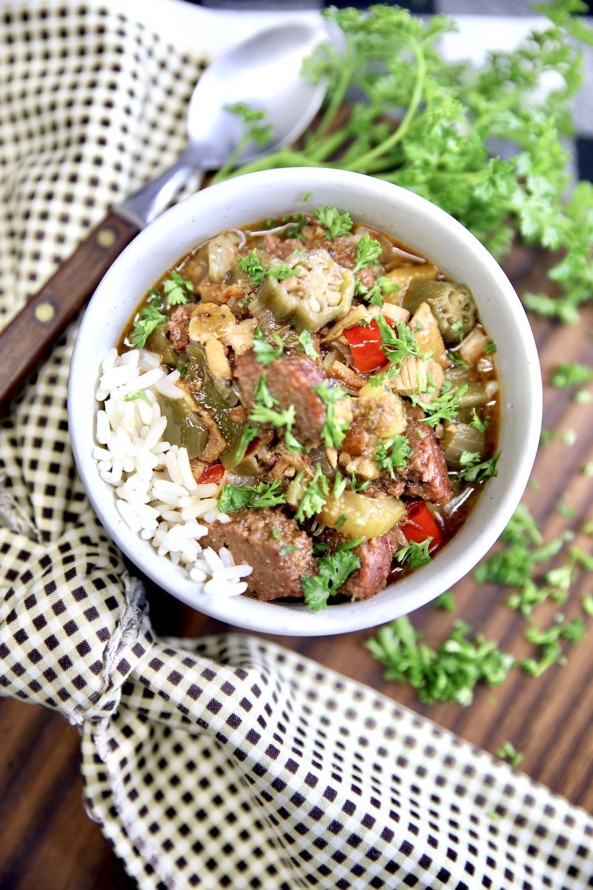 Bowl of gumbo with rice.