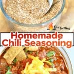 Homemade chili seasoning collage: seasoning in a bowl/ bowl of chili