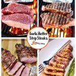 Collage: grilling strip steaks, sliced, plated.