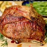 Grilled bone-in prime rib roast. Text overlay.