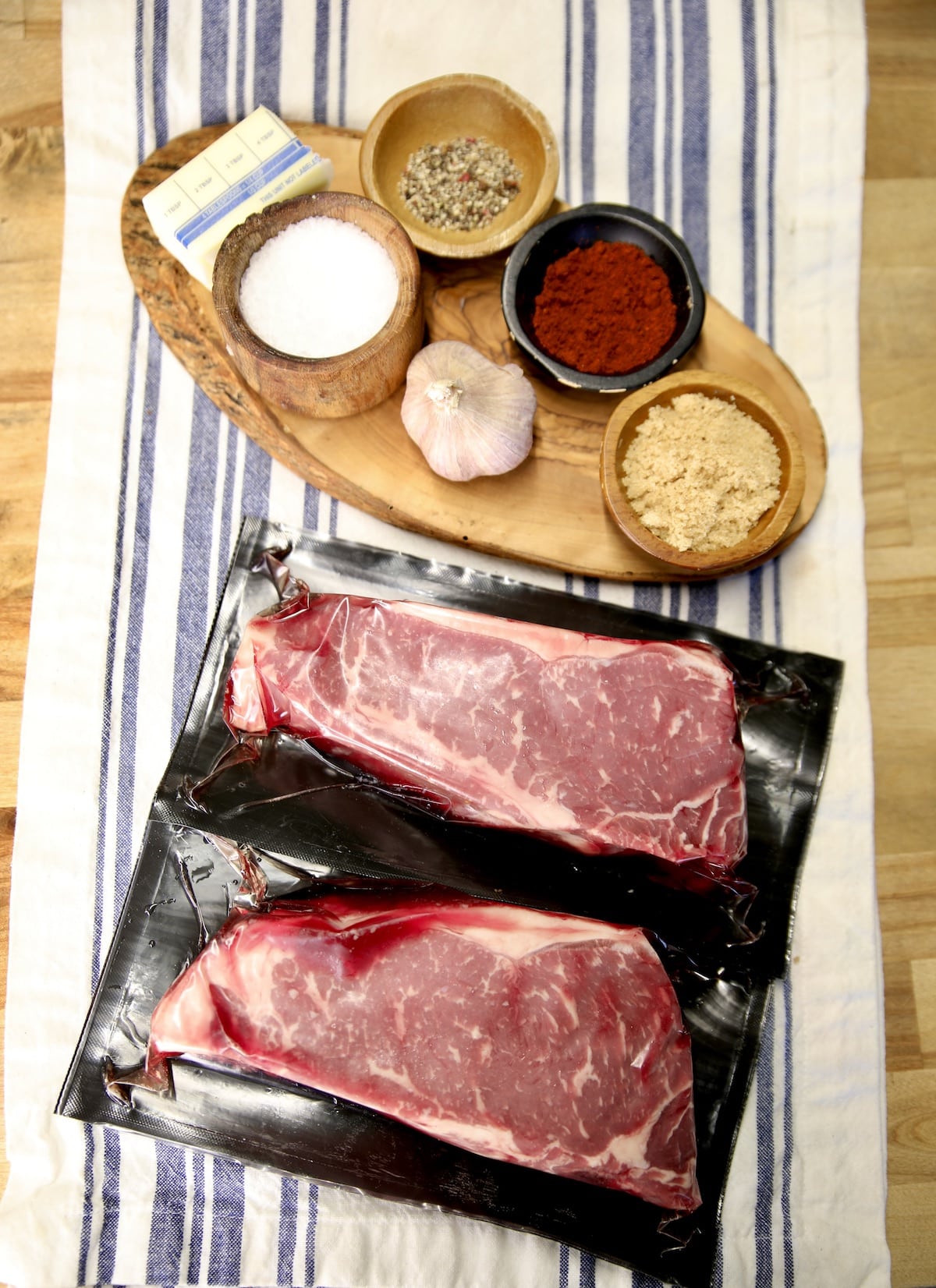 Ingredients for Garlic Butter Strip Steak.