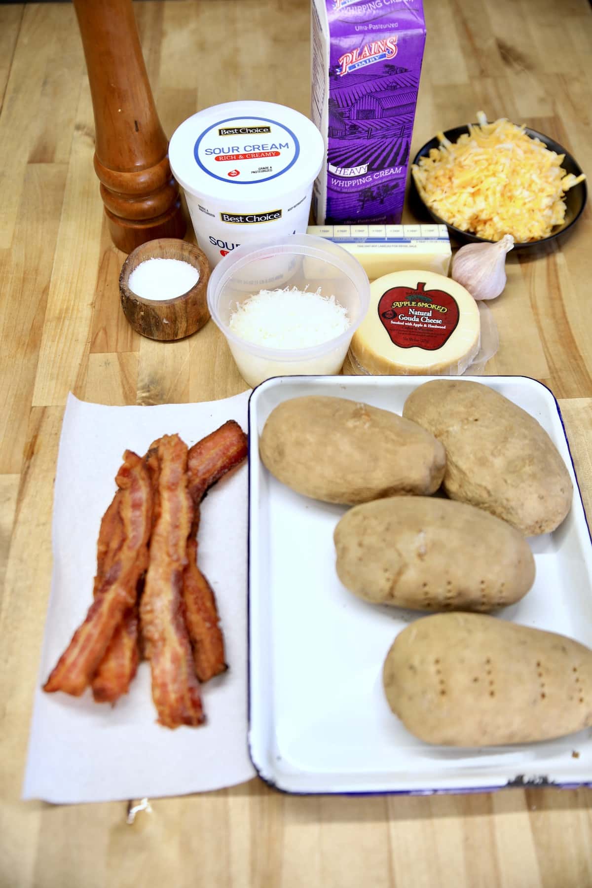 Ingredients for twice baked potatoes.