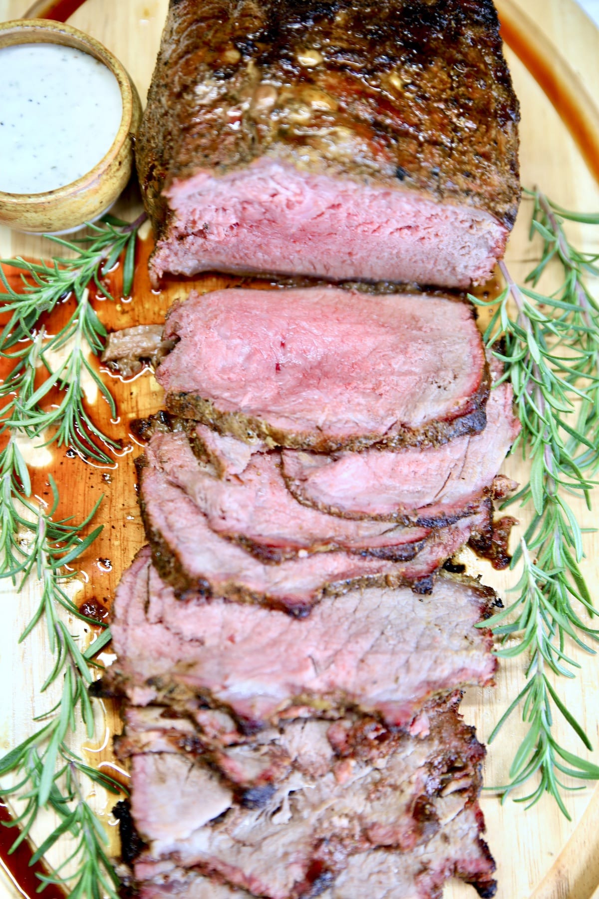 Closeup of sliced roast beef.