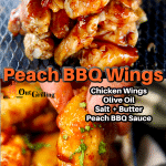 Peach BBQ Chicken wings collage: Grilling/dipping into sauce.