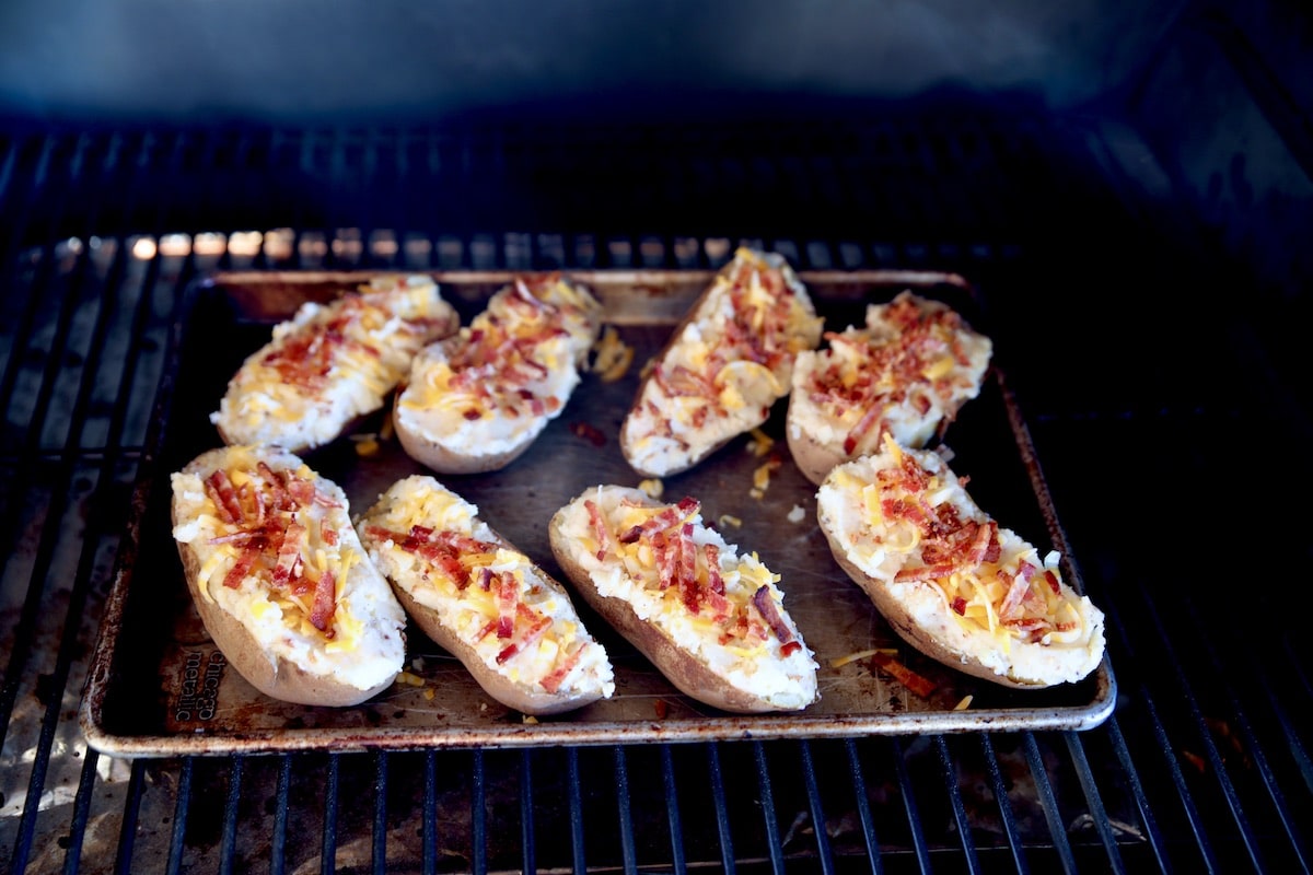 Twice baked potatoes on a pellet grill.