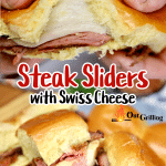 Steak Sliders with cheese collage. Pulling sandwiches apart/ stacked on a platter.