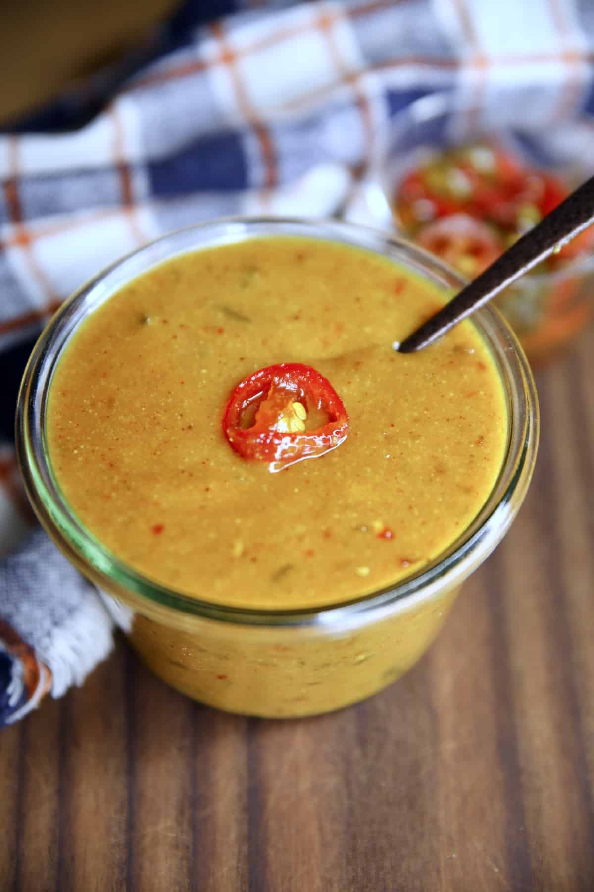 Jar of sweet and spicy mustard.