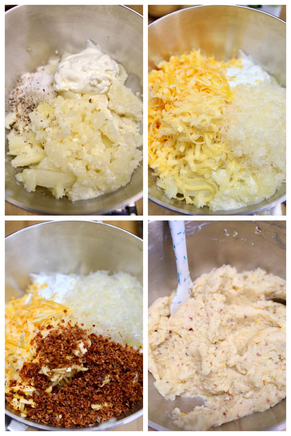 Collage of making twice baked potato filling.