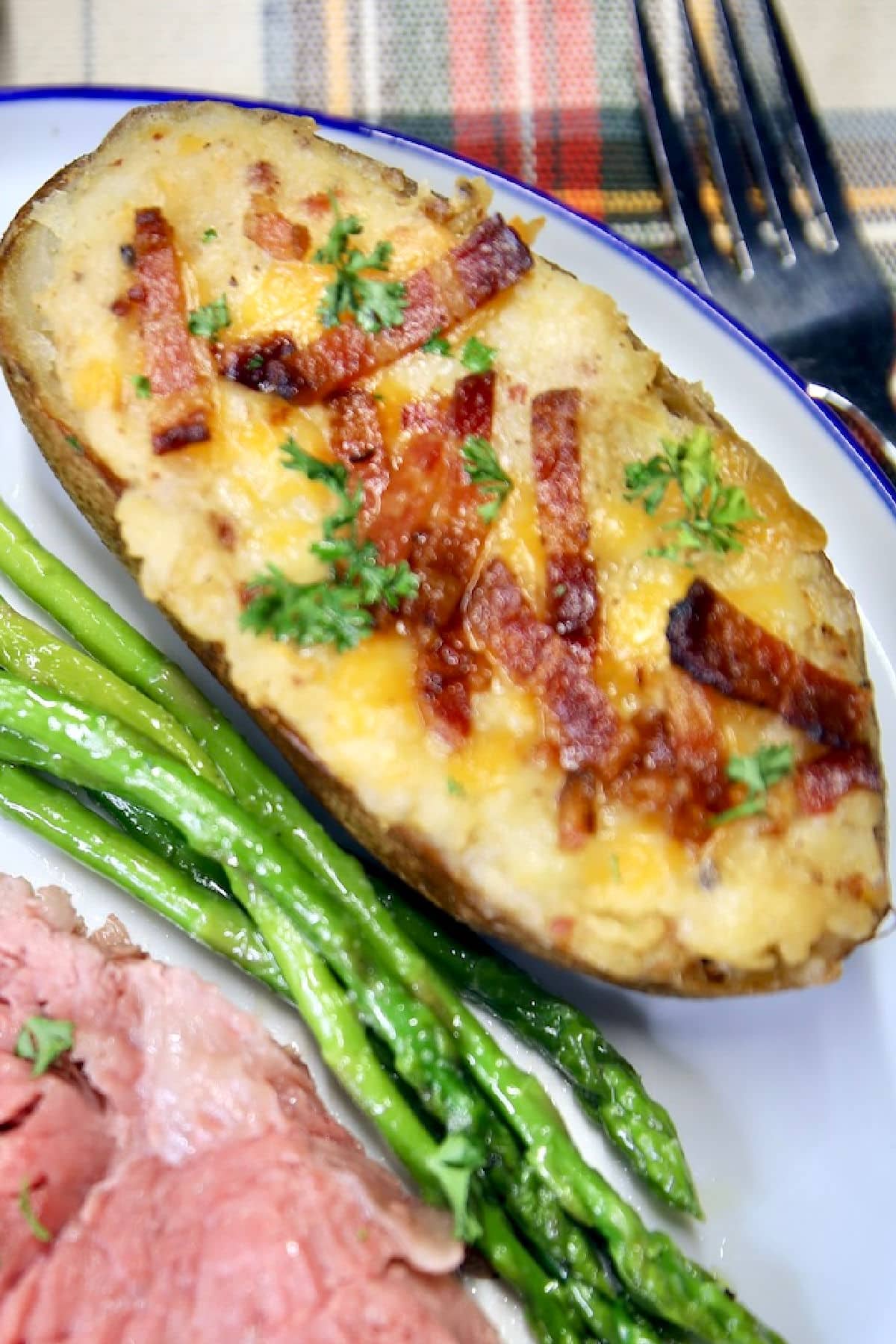 Twice baked potato with bacon.