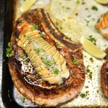 Ribeye steak with lobster tail.