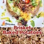 Brisket baked potatoes collage: on a plate / chopped brisket.