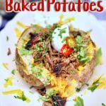 Brisket Baked Potato on a plate with cheese and sour cream. Text overlay.