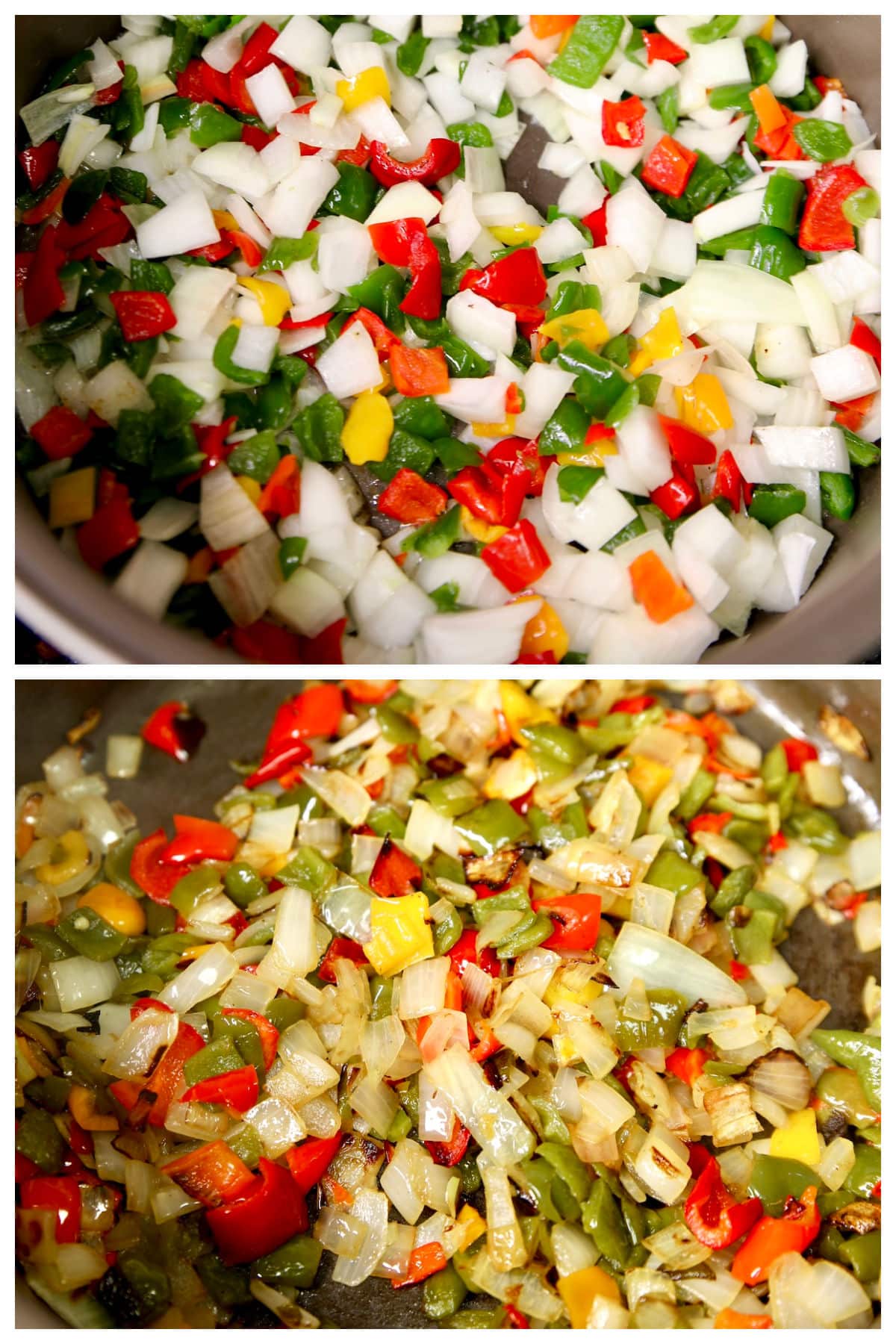 Cooking diced peppers and onions collage.