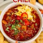 Brisket Chili in a bowl. Text overlay.