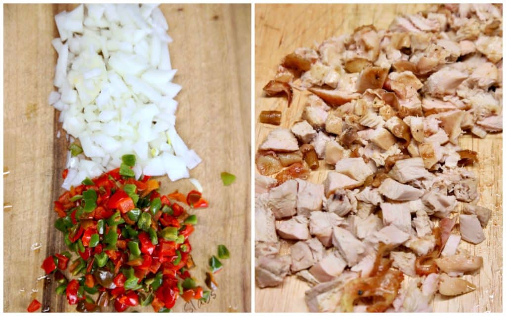 Chopped onions and bell peppers / chopped chicken.