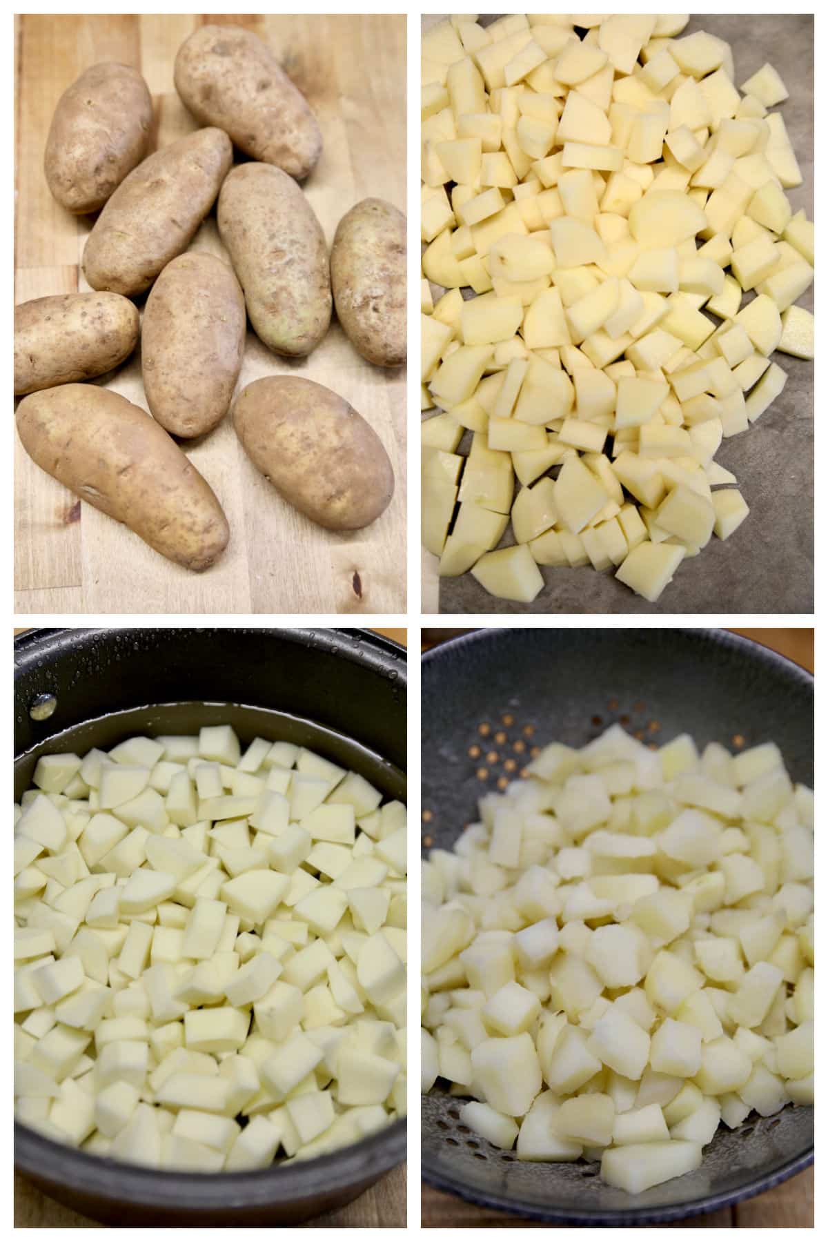Collage: russet potatoes, peeled & chopped, boiling, drained.