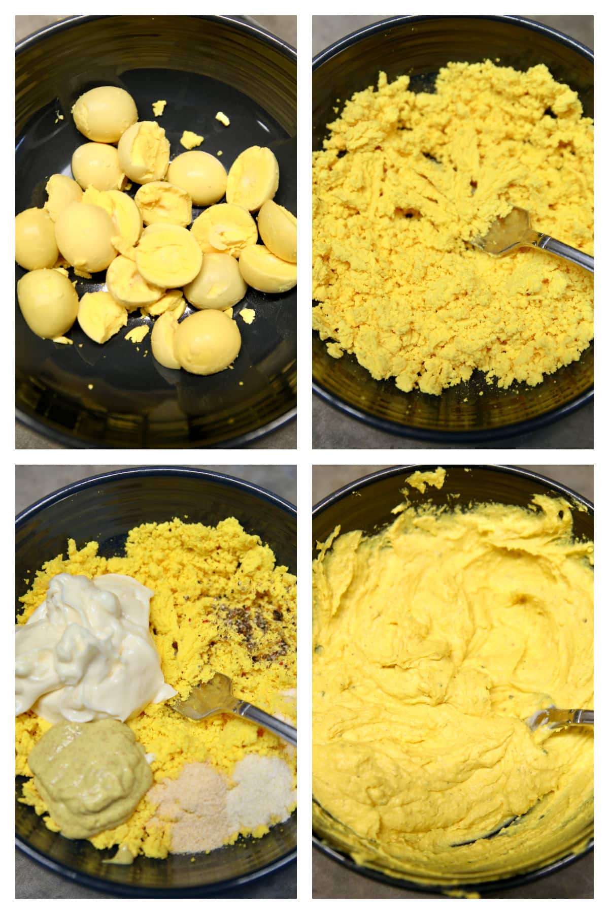 Collage of egg yolks, mashed with mayo and mustard.