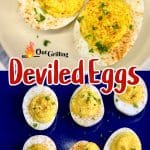 Collage: deviled eggs on a plate/serving platter. Text overlay.