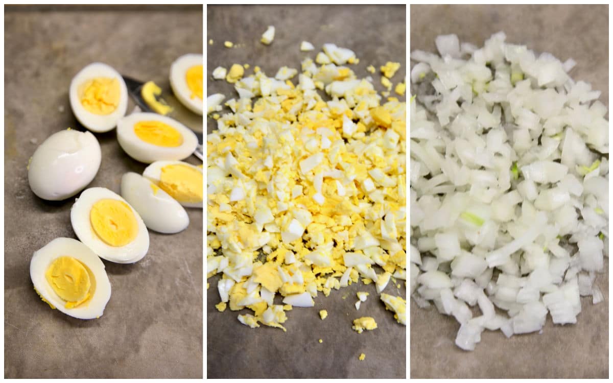 Collage: hard boiled eggs, sliced, chopped. Diced onions.