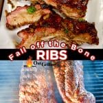 Collage: ribs on a plate/on the grill. Text overlay.