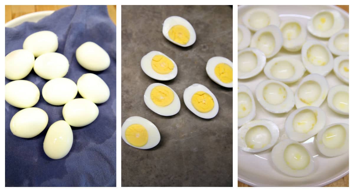 Collage of boiled eggs, cut in half, egg whites.