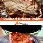Smoked brisket point collage: sliced / on grill.