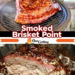 Collage: smoked brisket point on a Big Green Egg/ sliced to show smoke ring. Text overlay.
