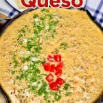 Venison queso in a skillet. Text overlay.
