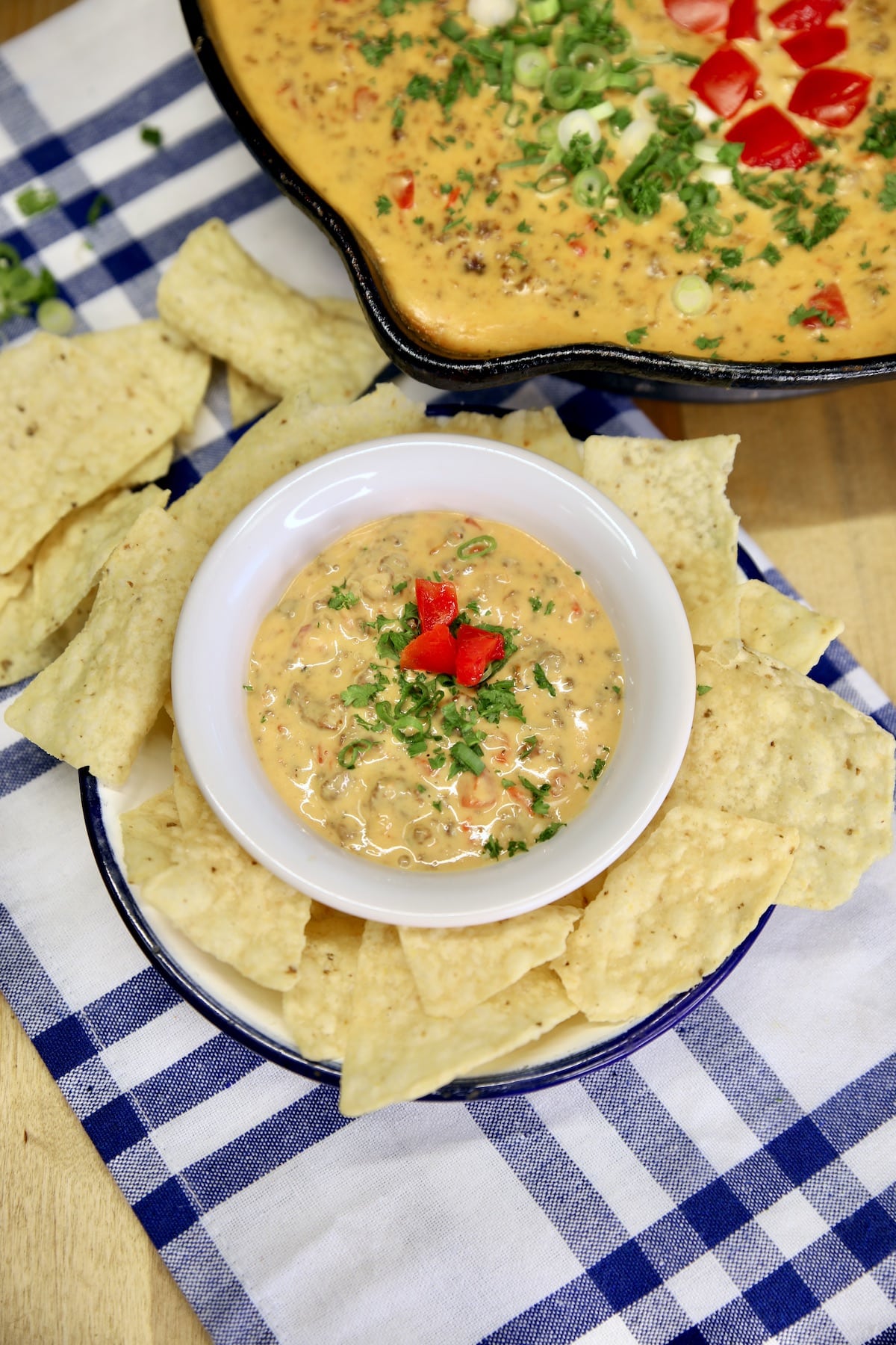 Small bowl of venison queso with tortilla chips.
