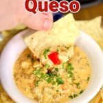 Venison queso with tortilla chips. Text overlay.
