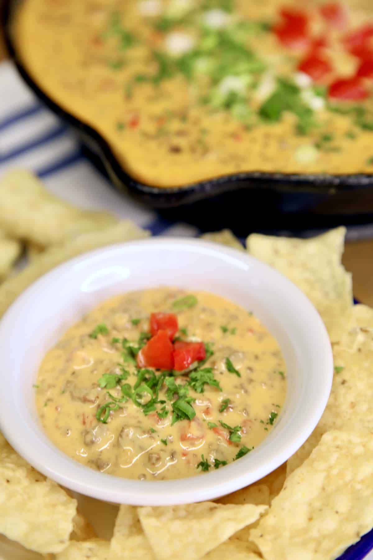 Bowl of queso with chips.