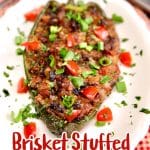 Brisket stuffed pepper on a plate. Text overlay.