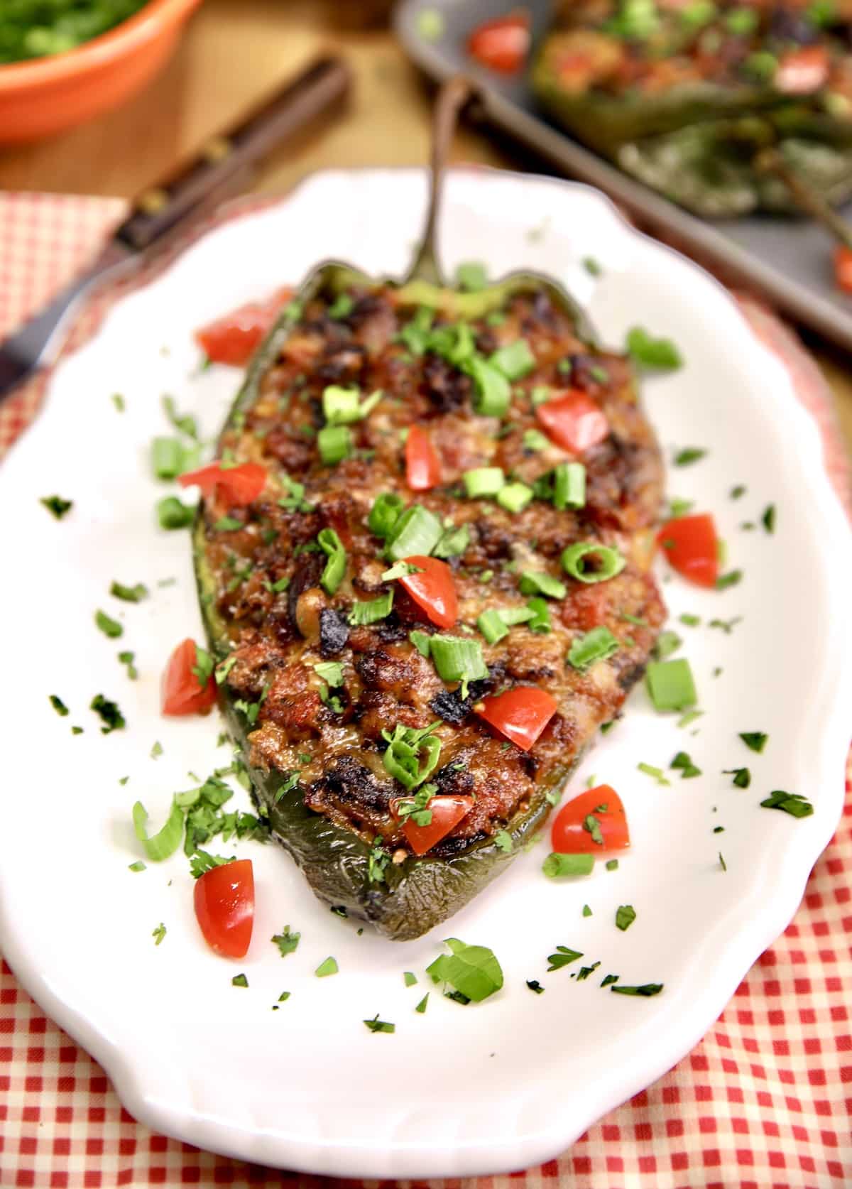 Plate with stuffed poblano pepper, tomatoes and green onions garnish.