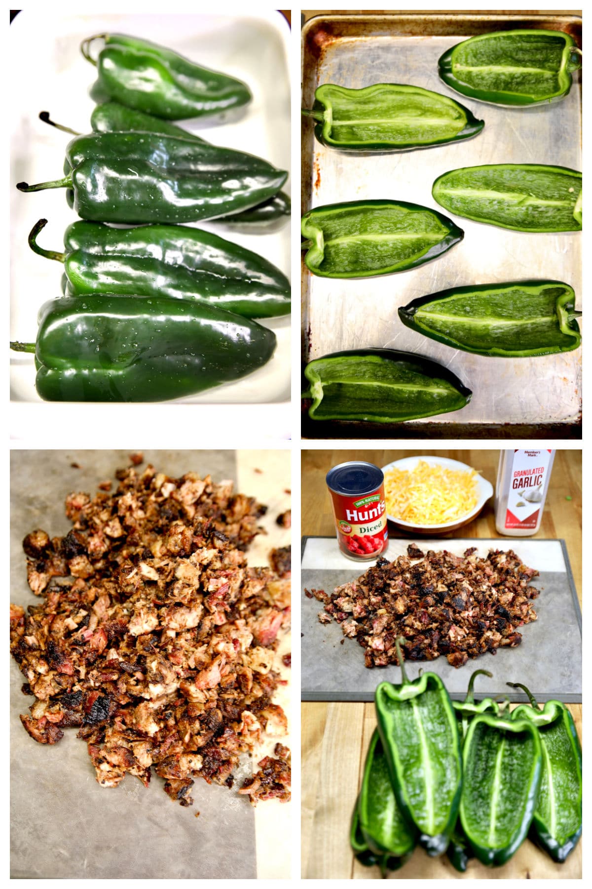 Collage of poblano peppers, chopped brisket, shredded cheese, can tomatoes, garlic.