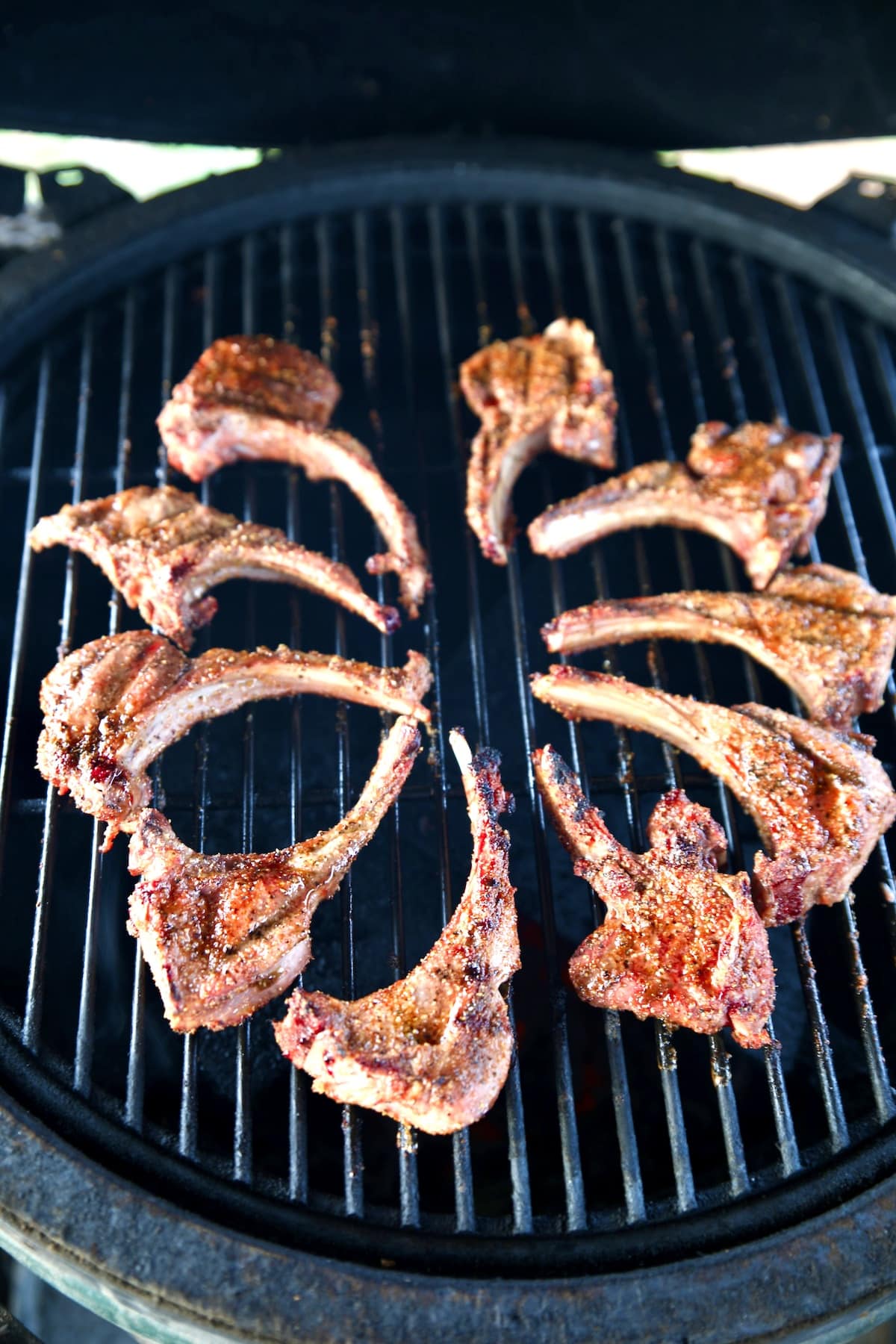 Bone in venison steaks on a grill in a circular pattern.
