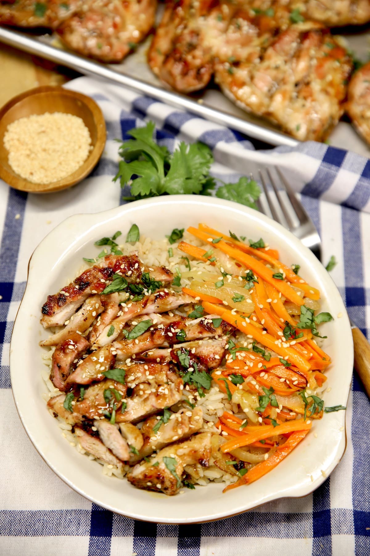 Grilled chicken slices in bowl of rice with carrots.