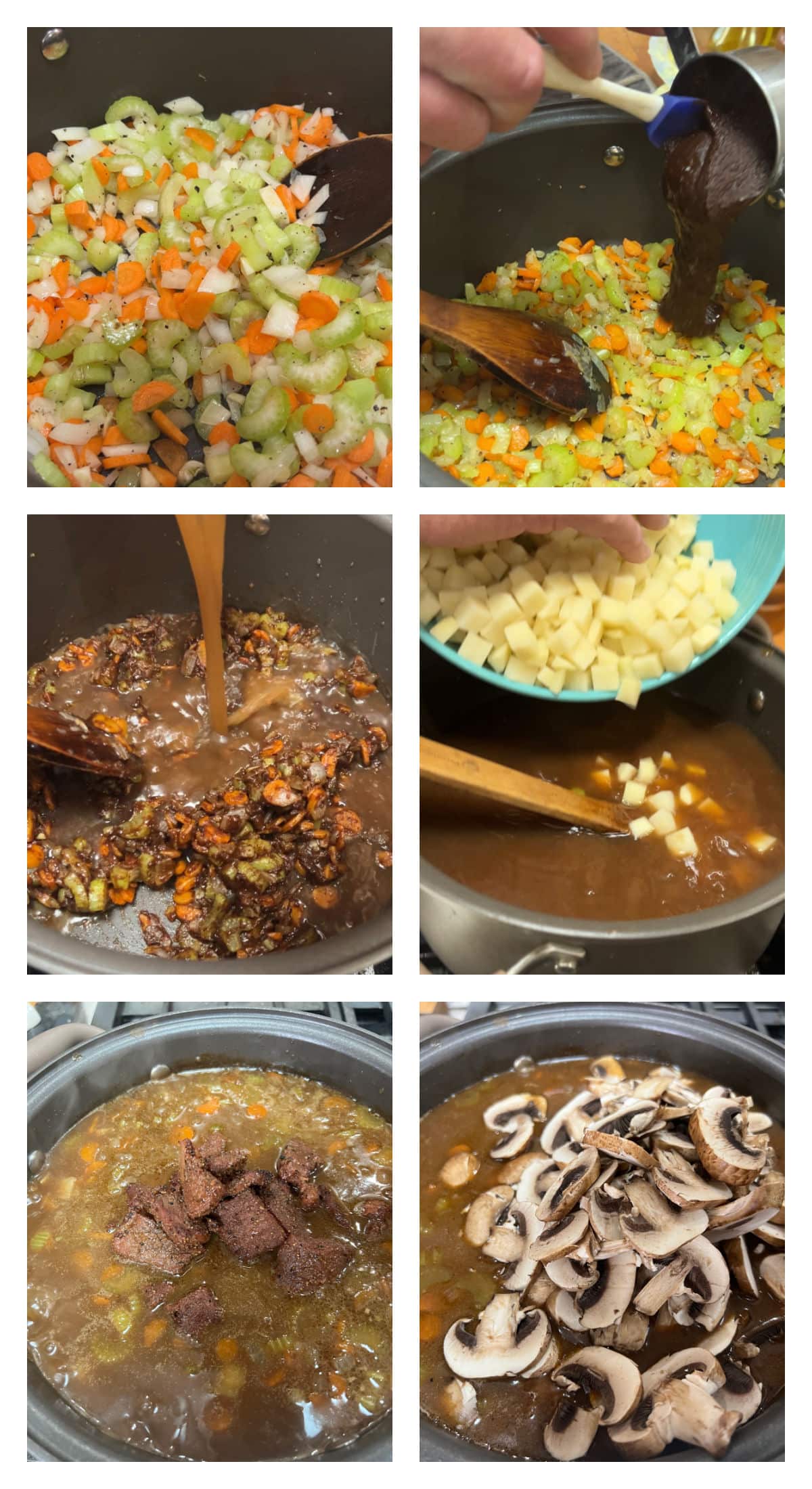 Collage cooking vegetables, adding roux, beef broth, beef, mushrooms to a pan.