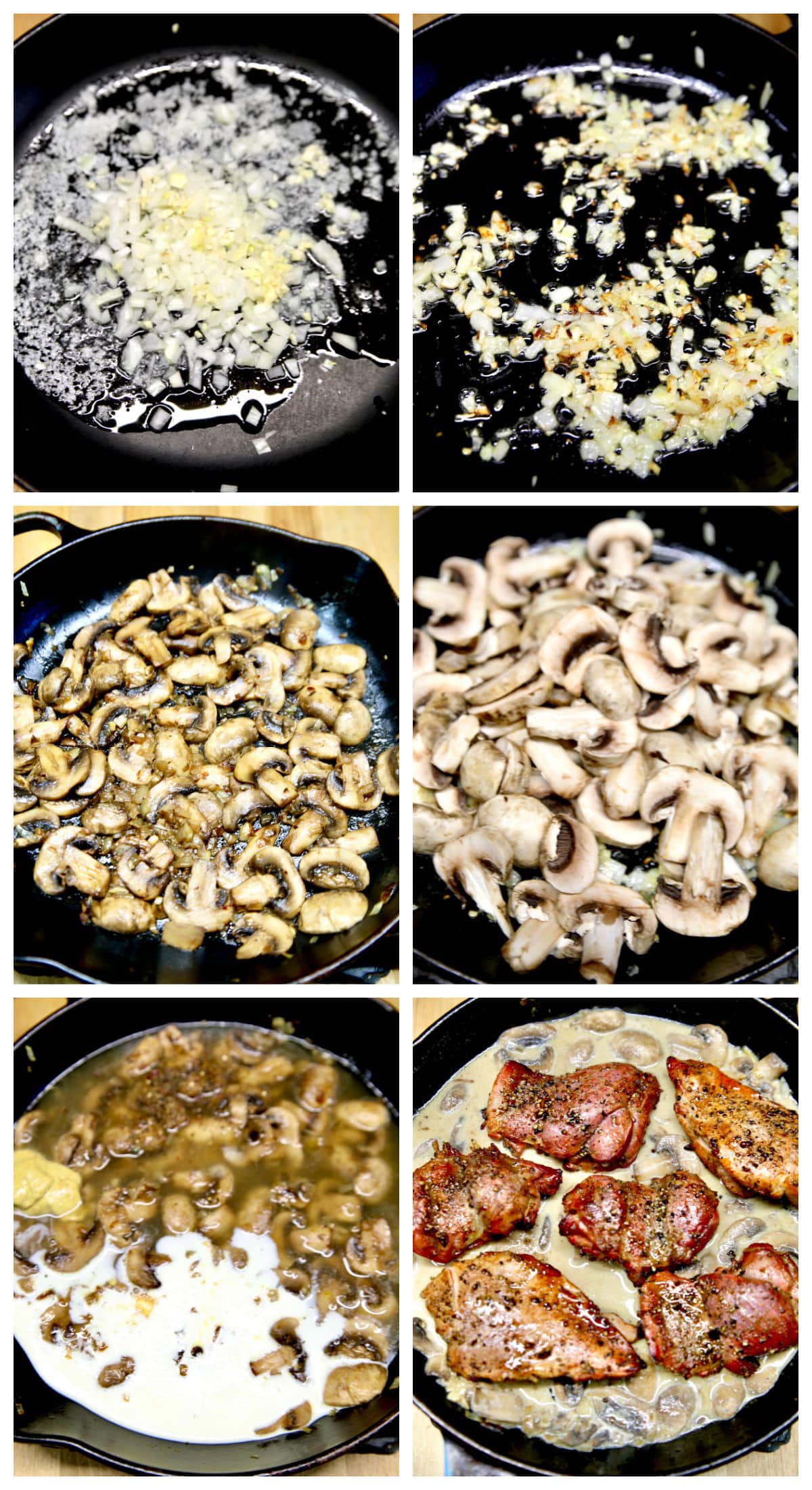 Collage making Diane sauce with onions, garlic, mushrooms, cream for chicken.