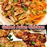 Grilled Asian chicken collage: Bowl with carrots and rice/ whole thighs.