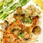 Chicken Diane with creamy mushroom sauce and asparagus. Text overlay.