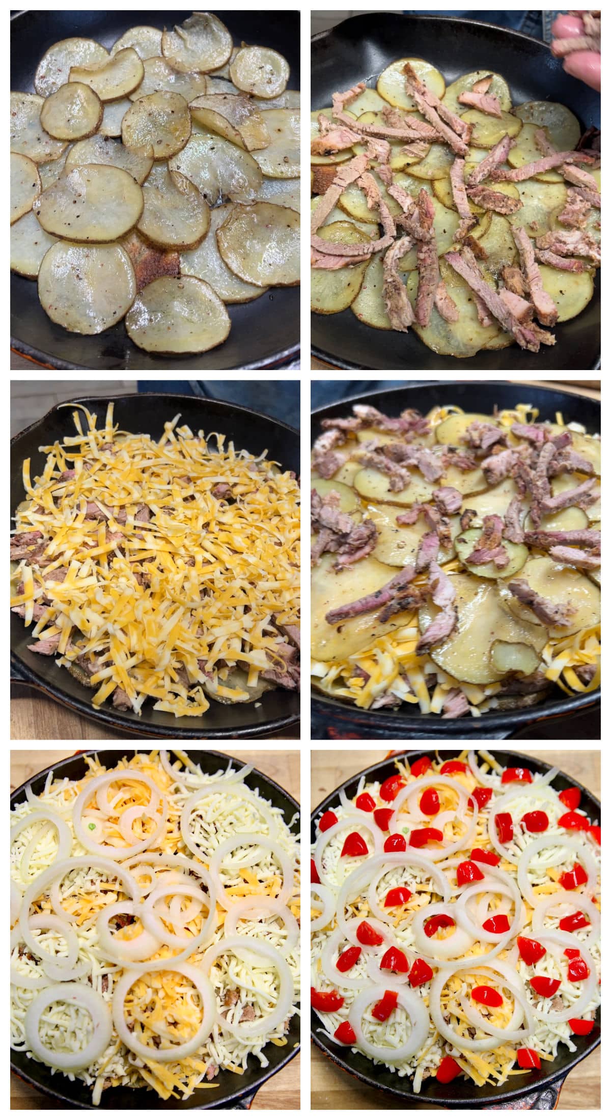 Collage layering potato slices with brisket, cheese, onions, tomatoes.