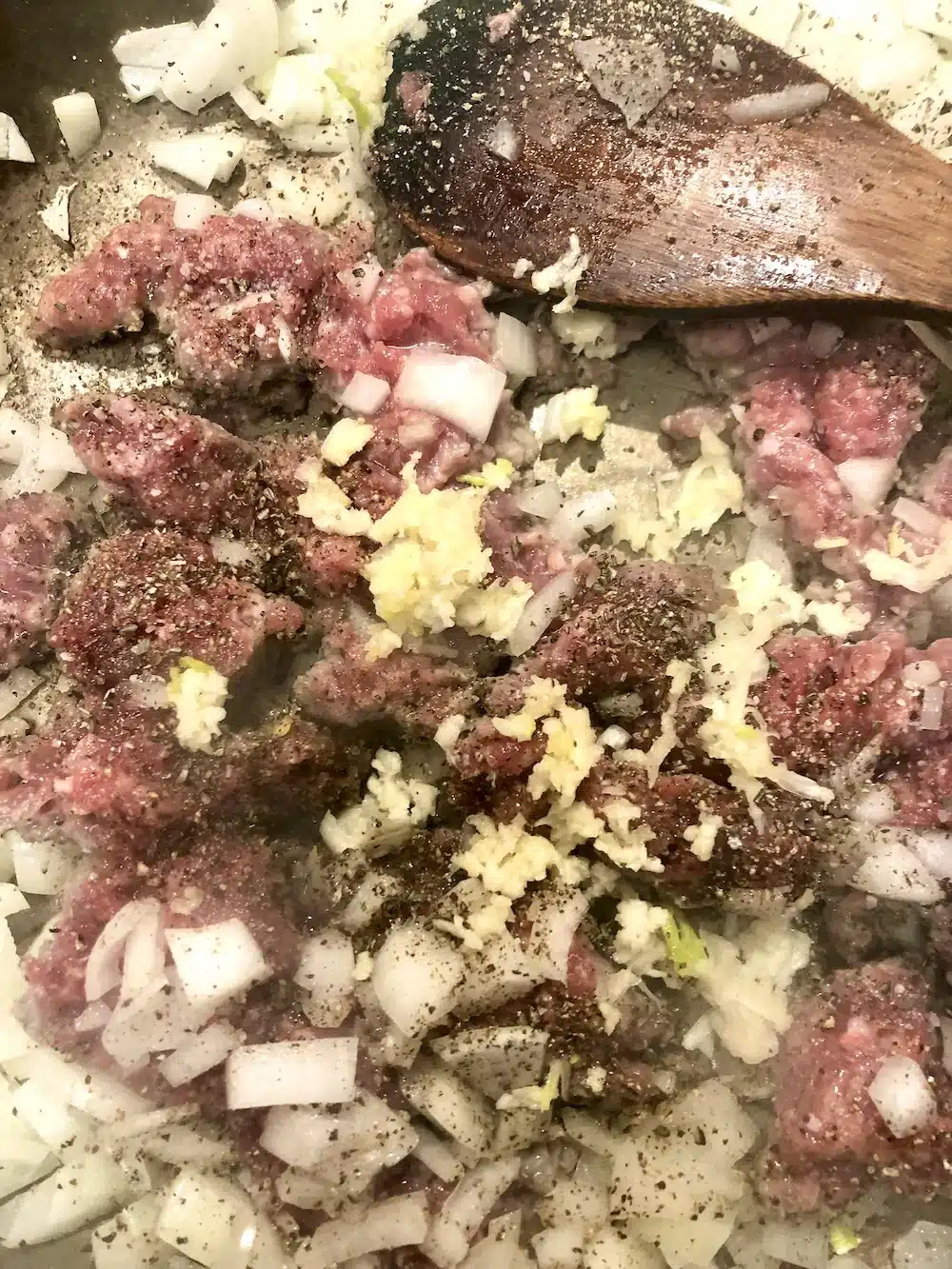 Sausage, onions, garlic in a skillet.