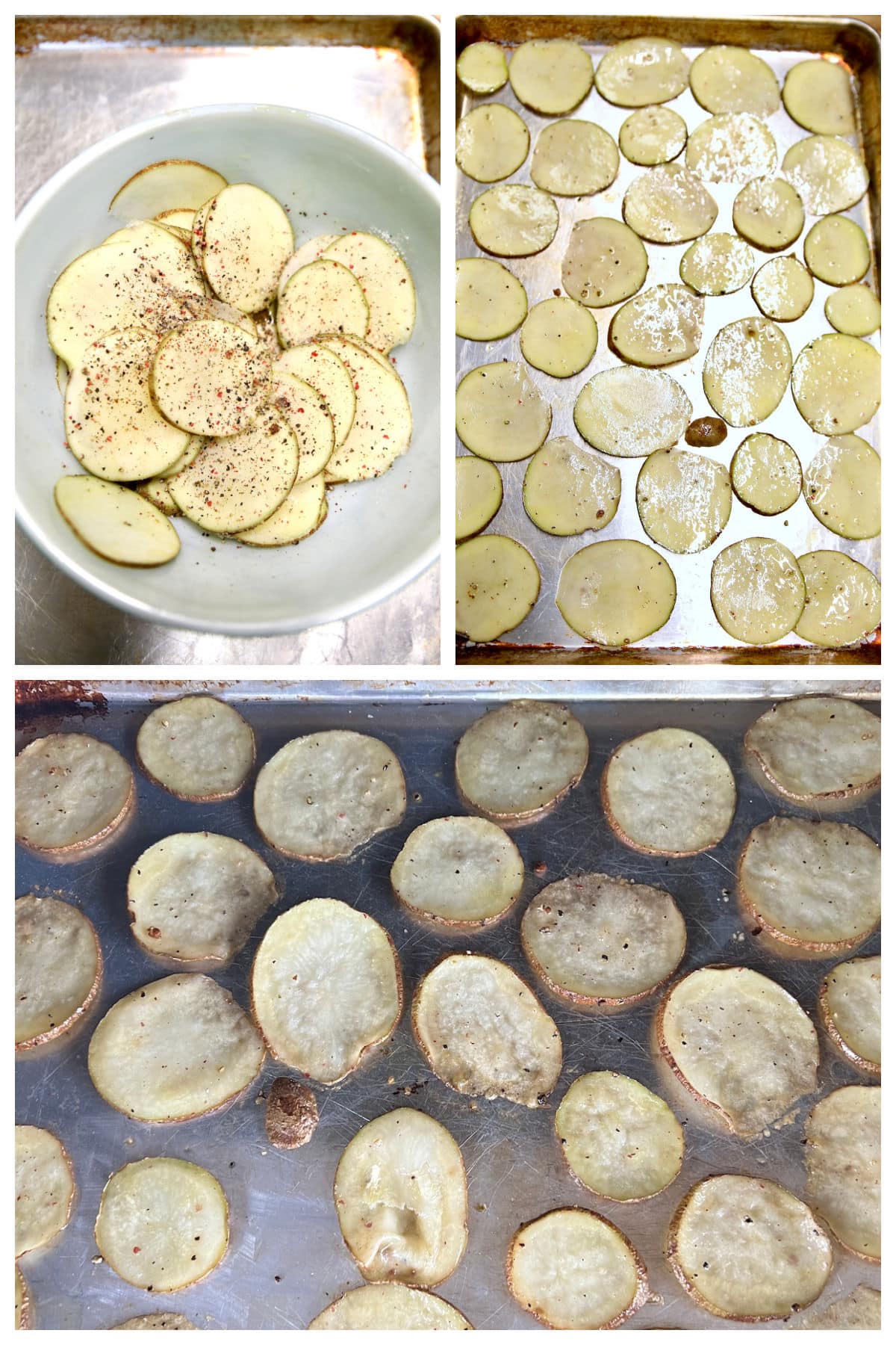 Collage: sliced potatoes in a bowl/ on a sheet pan/ grilled on pan.